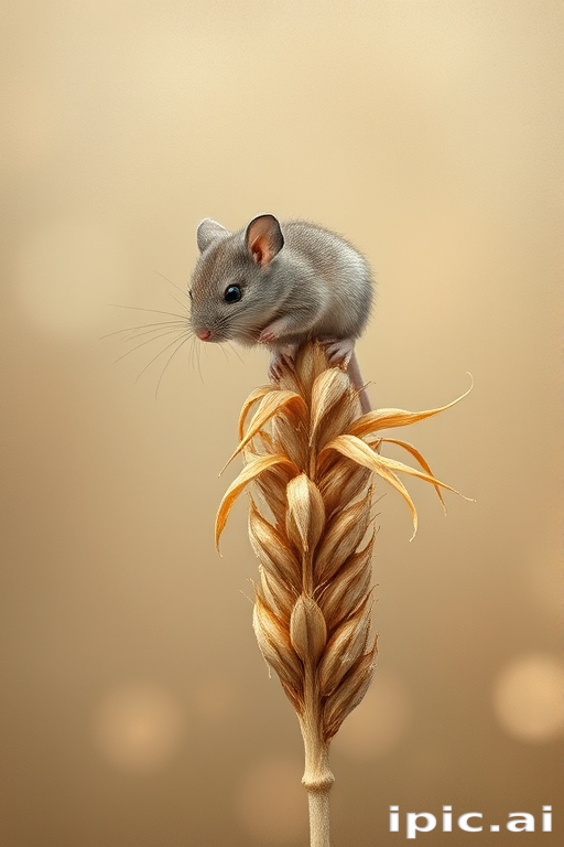Soft, muted Alcohol Ink with ebru effect background image of tiny whimsical mousey, who climbed high on the top of a golden rye ear.