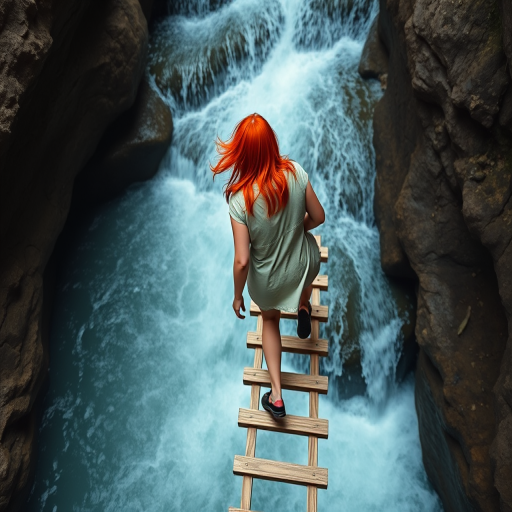 A woman with red hair climbing a wooden ladder over a rocky waterfall, captured from a high angle using a DSLR camera, aperture f/2.8, ISO 200, shutter speed 1/500 second, natural light, shallow depth of field.