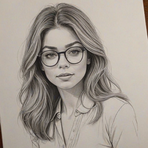 Wonderful Sarah Hyland, pencil sketch, portrait of Attractive woman 1974s in glasses, hair style beatnik, outline, clear lines, fine lines, 8k