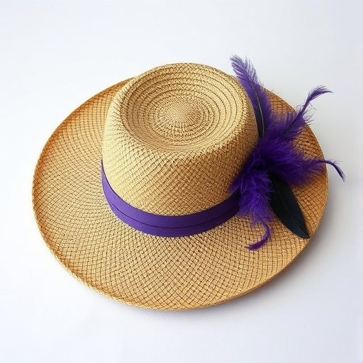 Regenerate a vintage straw hat adorned with purple fabric and feather accents on a white background, using a DSLR camera, 50mm lens, aperture f/1.8 for a blurred background, and natural lighting to enhance texture and colors.