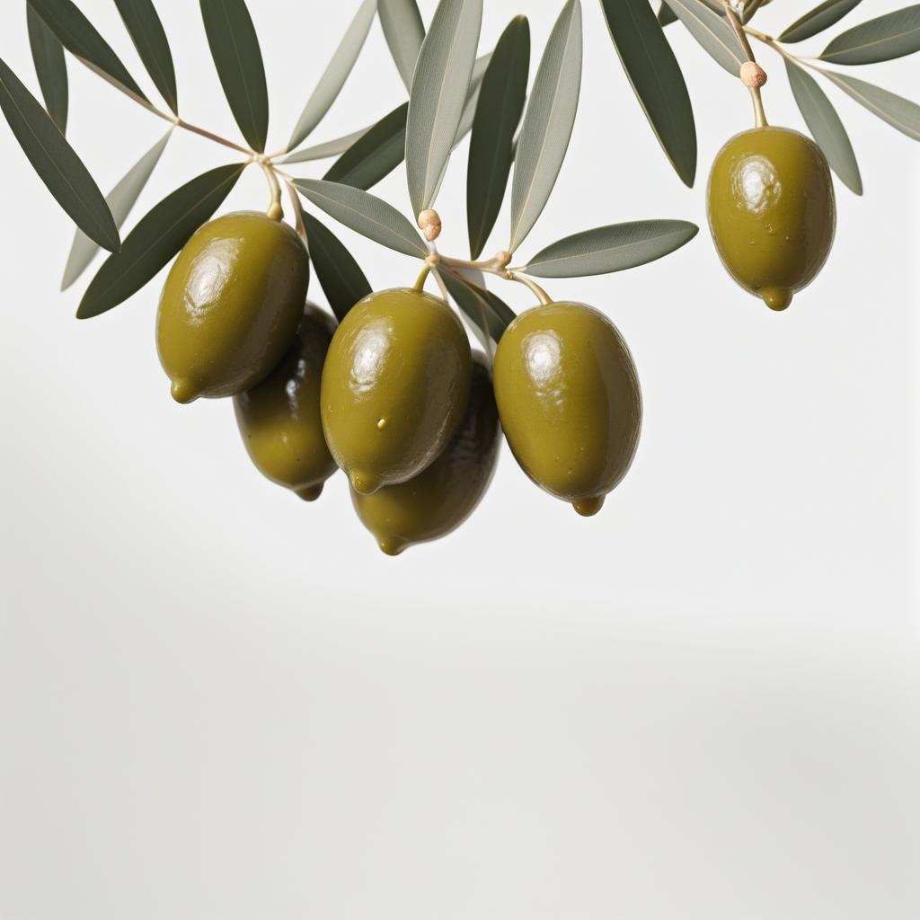 A Close-Up View of Fresh Green Olives on a Branch with Leaves.