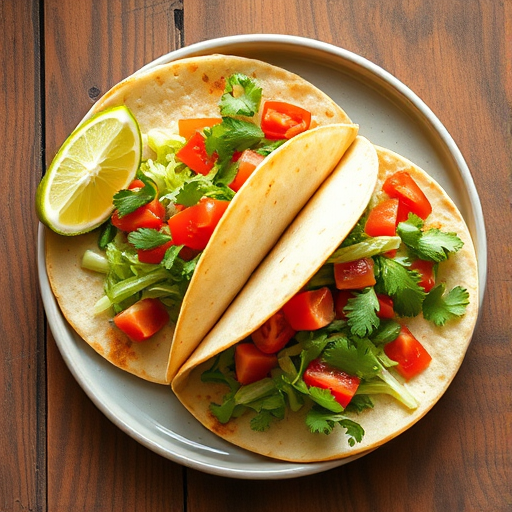 Create a high-resolution illustration of two delicious tacos filled with lettuce, tomatoes, and chili sauce, with lime wedges and cilantro on a round plate, captured from a top-down view using a DSLR camera with a 50mm lens, f/1.8 aperture, ISO 100, and natural light for enhanced colors and details.