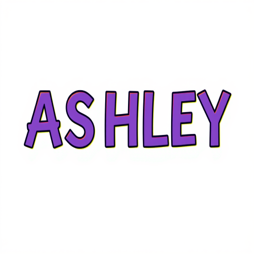 he name "ASHLEY" in bold, purple font, pink and yellow accents, flat isolated background