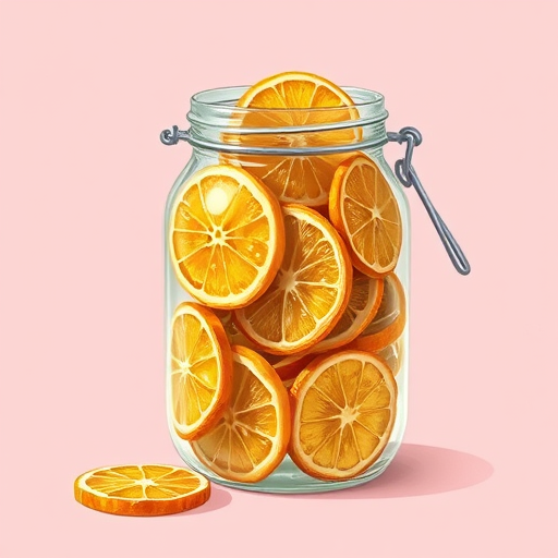 create a detailed illustration of a jar filled with dried citrus slices on a soft pink background, using a DSLR camera with a 50mm lens, aperture set to f/2.8 for a shallow depth of field, and vibrant color saturation to enhance the image quality
