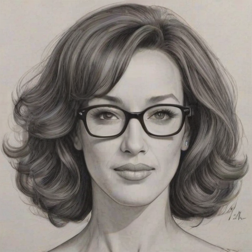 Captivating Jennifer Beals, pencil sketch, portrait of Ravishing woman 1960s in glasses, hair style beatnik, outline, clear lines, fine lines, 8k