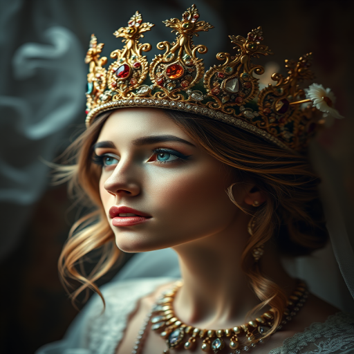 Create an image of a stunning, ethereal woman wearing an elaborate crown adorned with jewels and intricate details, with a soft, mystical background; use a 50mm lens, f/1.8 aperture, ISO 100, and a shallow depth of field for rich color and sharp details, with a low-angle view to emphasize the grandeur of the headpiece and an HDR photography style for enhanced contrast.