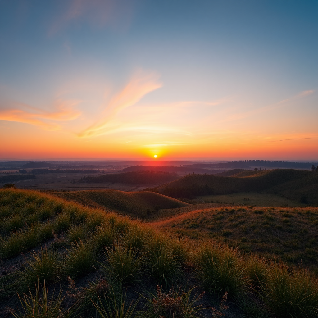 Create a high-resolution image of a serene landscape at sunset, using a Canon EOS R5 with a 24-70mm f/2.8 lens, set to ISO 100, aperture f/8, shutter speed 1/125 sec, capturing a wide-angle view with vibrant colors and soft lighting for a cinematic effect.