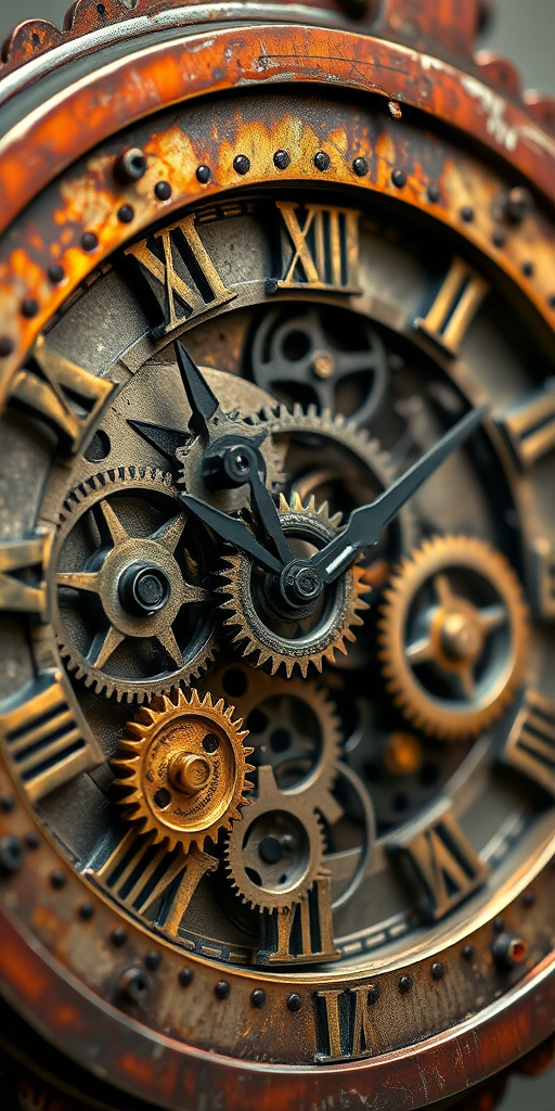 Create an intricate steampunk clock face featuring exposed gears and a weathered metallic finish, shot with a DSLR camera, 50mm lens, f/2.8 aperture, ISO 100, with soft side lighting to enhance shadows and texture.