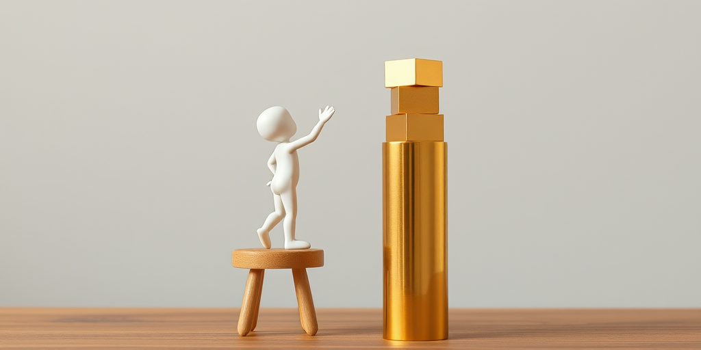 A minimalist scene featuring a small white humanoid figure stacking a shiny gold block on a taller gold column while standing on a wooden stool, captured with a Canon EOS R5, 50mm lens, aperture f/2.8, ISO 100, natural soft lighting, shallow depth of field for enhanced focus on the figure and blocks.