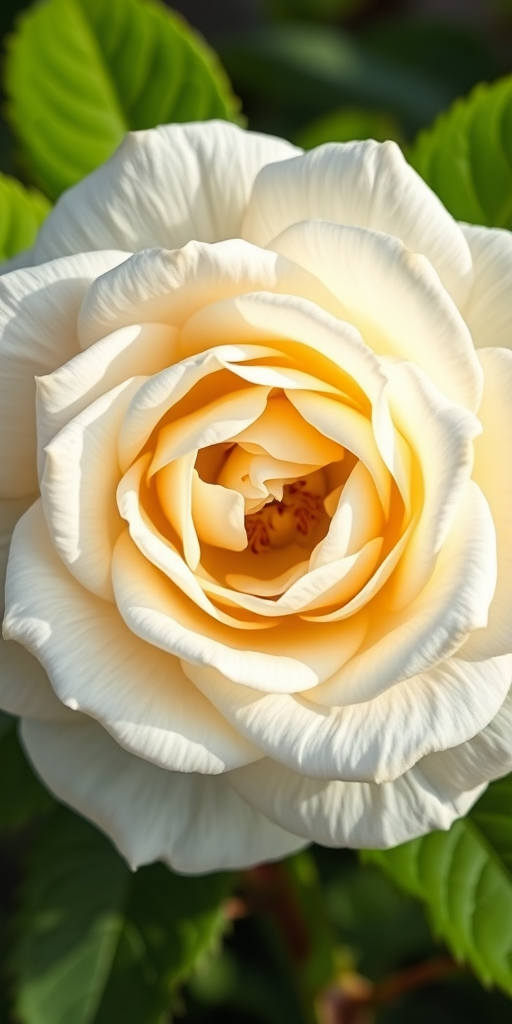 Create a high-resolution illustration of a detailed white rose with intricate petal layers and vibrant green leaves, using a Canon EOS 5D Mark IV with a 50mm f/1.8 lens, aperture set to f/2.8, ISO 100, focus on the flower's center, soft natural light for enhanced contrast and depth.