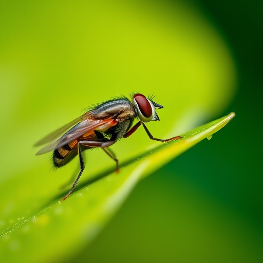 macro photograph of a fly resting on a green leaf with soft focus background, aperture f/2.8, shutter speed 1/200s, ISO 100, shot with a DSLR camera in natural light