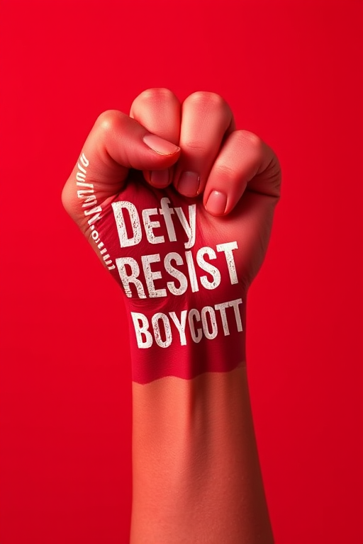 Create an image of a raised fist made of various protest words like "Defy," "Resist," and "Boycott," against a vibrant red background, using a DSLR camera at f/5.6 aperture, 1/250 shutter speed, and ISO 200, with a portrait view and a high contrast style.