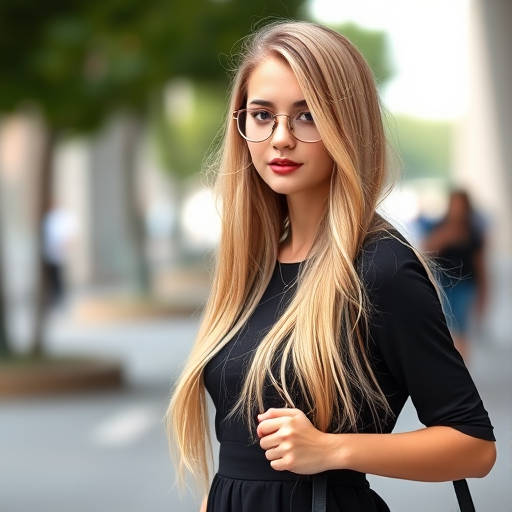 Regenerate the image of a young woman with long blonde hair wearing a black dress and holding a black handbag, shot in natural daylight, using a DSLR camera with a 50mm lens at f/1.8, ISO 100, and a shallow depth of field to blur the background slightly.