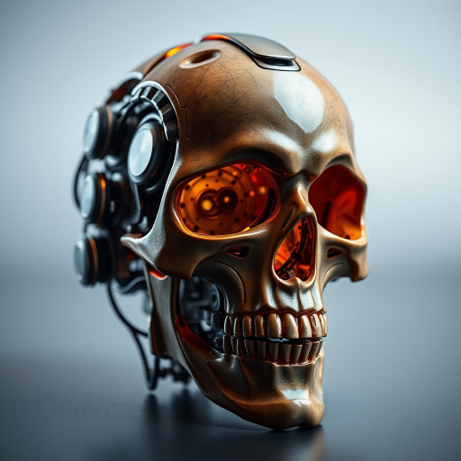 Create a highly detailed image of a futuristic robotic skull with intricate mechanical components, captured in a studio setting using a DSLR camera with a 50mm f/1.8 lens, shutter speed 1/100s, ISO 100, soft diffused lighting, and a shallow depth of field.