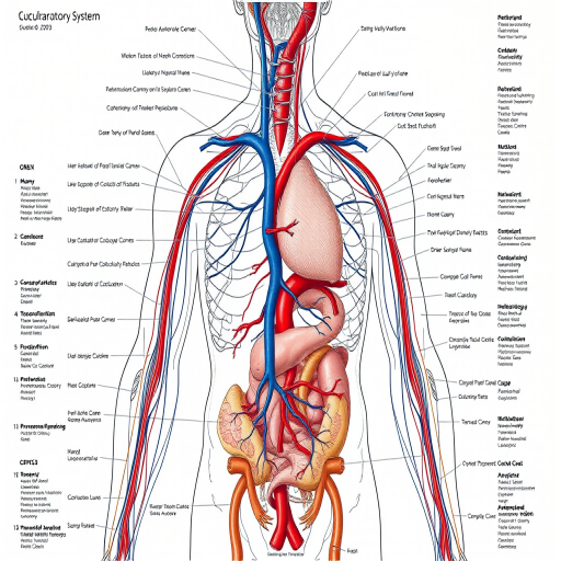 Create a detailed anatomical diagram of the human circulatory system with labeled organs and structures, in high resolution, shot with a DSLR camera at f/8 aperture, 50mm lens, 1/200s shutter speed, and a neutral density filter for enhanced clarity and color precision.