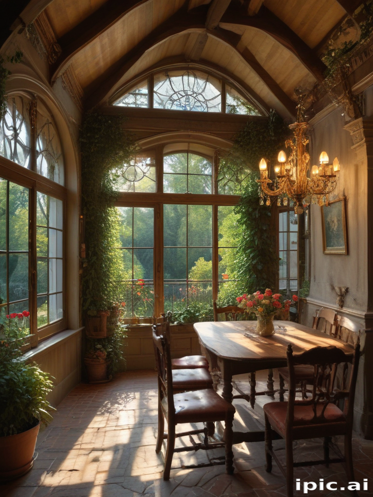 Charming Sunlit Dining Area Surrounded by Lush Greenery and Warm Ambiance
