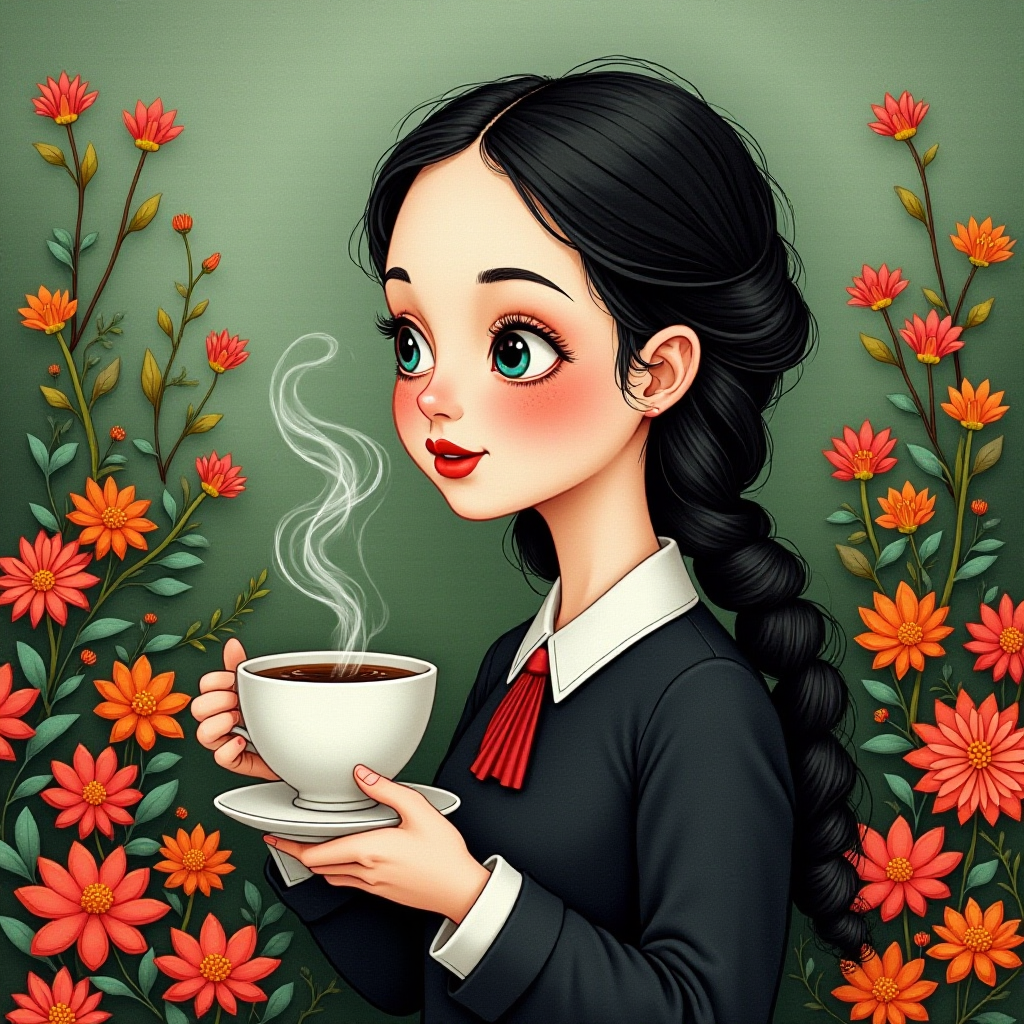 Wednesday Addams holding a steaming coffee mug, depicted in colorful felt textures. The artwork has a serene and tranquil atmosphere, emphasizing the beauty of nature, and evokes a nostalgic and whimsical feeling suitable for children's picture books, greeting cards, and home decor.