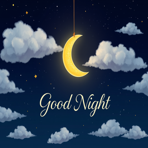 Generate a high-quality digital illustration of a crescent moon hanging from a string against a dark night sky filled with stars and fluffy clouds, featuring the text "Good Night" in an elegant font, using a digital camera setting of f/8, ISO 100, 1/200s shutter speed, with a wide-angle view to capture the entire scene in vibrant colors.