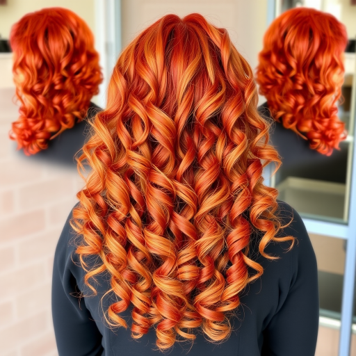 Fiery copper-red curls called "Phoenix Flame" with golden balayage highlights, voluminous and bouncy ringlets cascading down to mid-back length