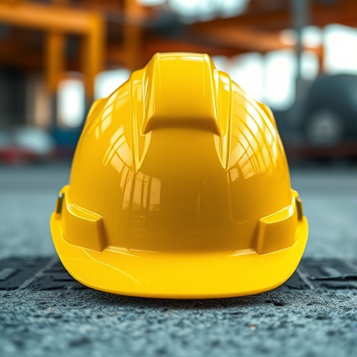 Create an ultra-realistic image of a shiny yellow hard hat on a construction site, captured with a Canon EOS R5 at f/2.8, ISO 100, 1/250s, with a 35mm lens, using natural lighting and a shallow depth of field to enhance details.