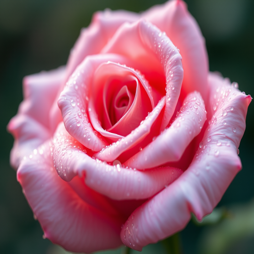 macro shot of a dew-covered rose in soft focus capturing delicate petals detail with a shallow depth of field, camera settings: f/2.8, ISO 100, 1/200s, camera view: close-up, camera style: natural light, camera type: DSLR