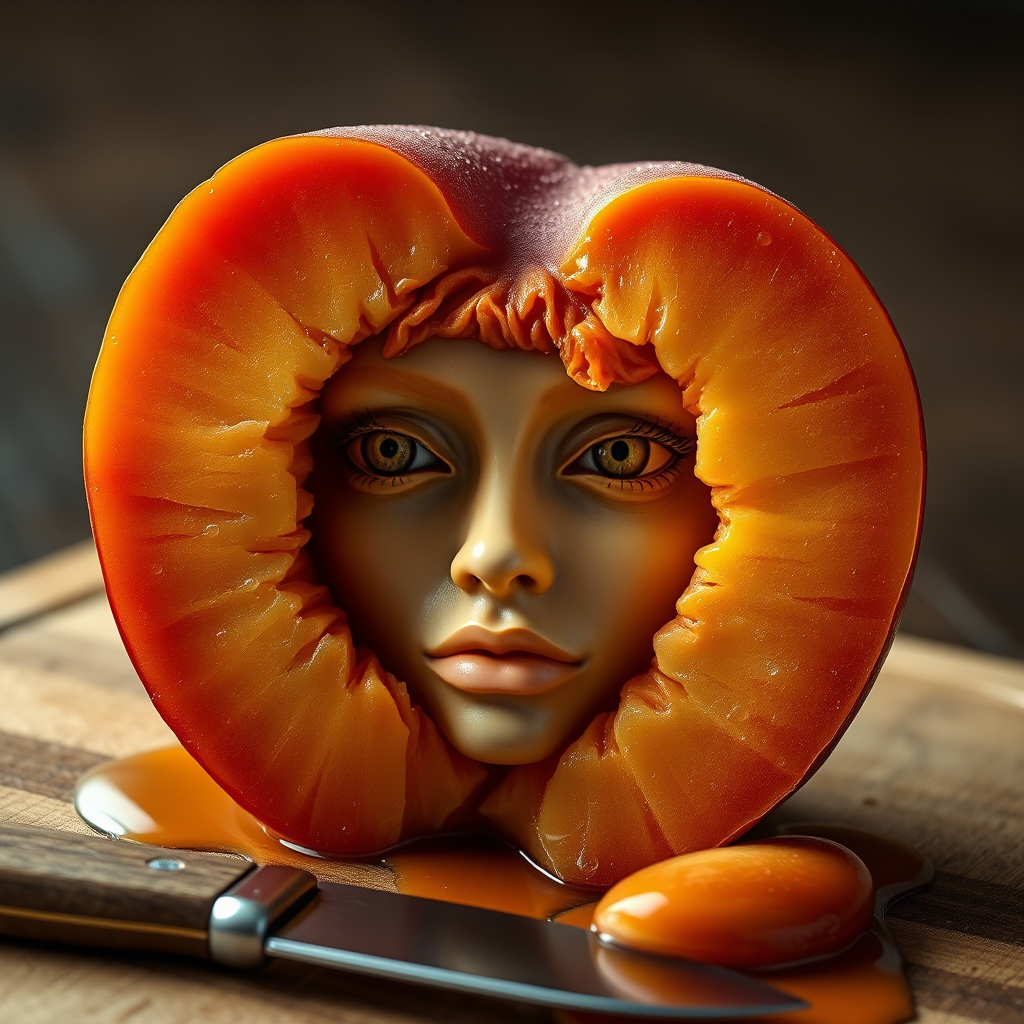 A hyperdetailed photorealistic macro color saturated high resolution image of a peach cut in half, with the peach pit being a highly detailed sculpted woman's face with her eyes open and peach-colored irises. The face has a marble texture. The image includes condensation, moisture, and peach juice. The peach is on a wooden cutting board with a small fruit knife nearby, also covered with juice.