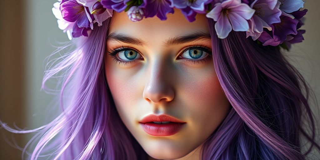 Create a highly detailed portrait of a young woman with long purple hair adorned with a floral crown featuring purple flowers and crystals, using a Canon EOS R5 camera with a 50mm f/1.2 lens, set at ISO 100, aperture f/1.2, shutter speed 1/200 sec, in soft natural light, utilizing a high dynamic range style to enhance colors and depth.