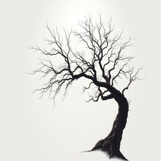 Create a high-resolution minimalist illustration of a gnarled, leafless tree, captured with a DSLR camera at f/2.8 aperture, ISO 100, and a 50mm lens, in natural light, from a low angle for dramatic effect.