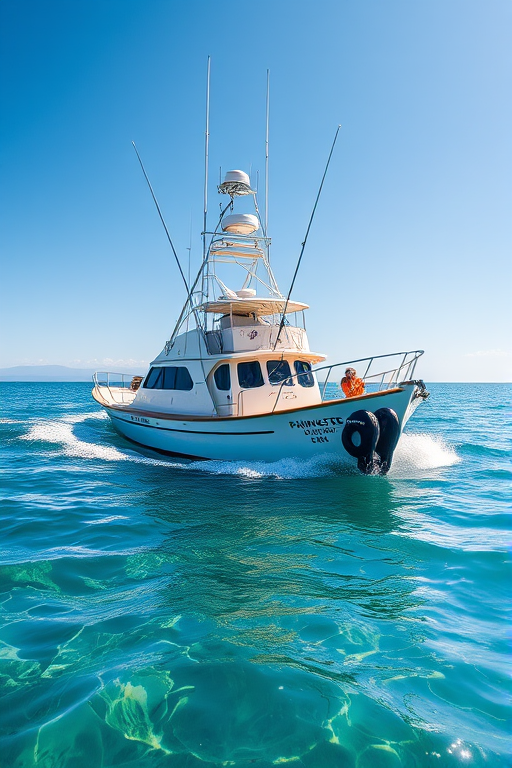 A fishing boat navigating on clear water, captured with a DSLR camera at f/8, ISO 200, 1/500s, using a wide-angle lens, side view, bright daylight for enhanced clarity and color vibrancy.