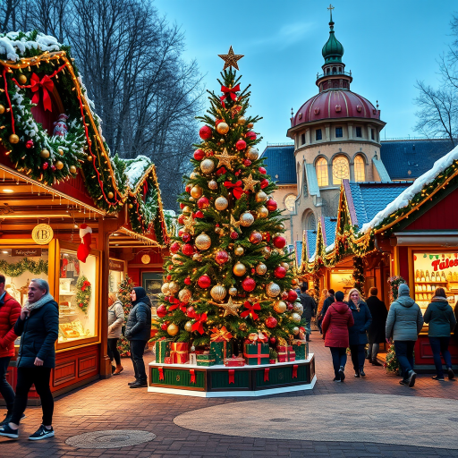 Generate an image of a festive Christmas market scene. Include a beautifully decorated Christmas tree with shiny ornaments and a star on top. Surround the tree with colorful market stalls adorned with lights and holiday decorations. Capture the vibrant atmosphere with shoppers enjoying the festivities.