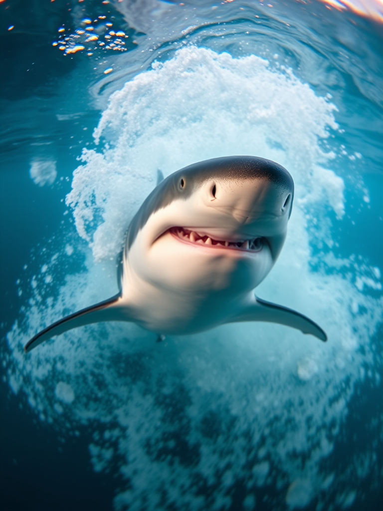 underwater shot of a great white shark swimming dynamically through ocean waves, ISO 400, f/8, 1/1000s, 24mm lens, DSLR camera, wide-angle view, high contrast and sharp details, capturing the texture of the water and the shark's features