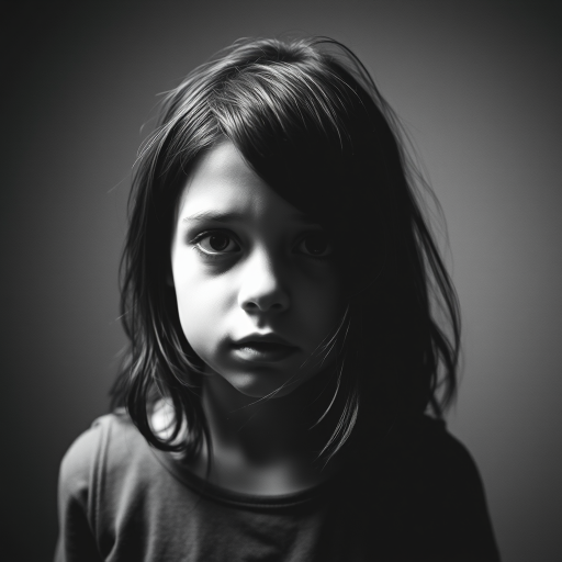 Create a high-contrast monochrome portrait of a distressed girl with dark hair and haunting features, shot in low light using a Canon EOS R5 with a 50mm f/1.2 lens, ISO 800, shutter speed 1/60s, in a moody and atmospheric style with film grain and a textured overlay.