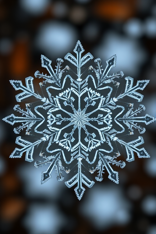 Create a detailed representation of a snowflake with intricate patterns and symmetry, using a macro lens, ISO 100, aperture f/8, shutter speed 1/250s, shot from a top-down perspective with a soft focus background for enhanced contrast.
