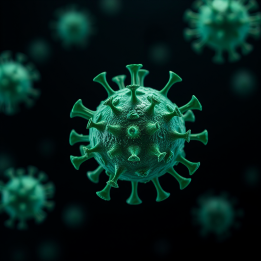 highly detailed 3D render of a green virus on a black background, macro shot, f/8 aperture, 1/100 sec shutter speed, ISO 400, using a Canon EOS 5D Mark IV, focus stacking technique, softbox lighting for even illumination