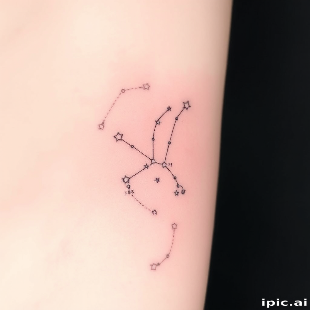 Ethereal white ink constellation tattoo named "Celestial Whispers" featuring delicate star patterns and zodiac symbols barely visible against fair skin like a secret cosmic map revealed only in certain light conditions subtle dot work and fine lines create a dreamy ethereal quality evoking the mystery of the night sky