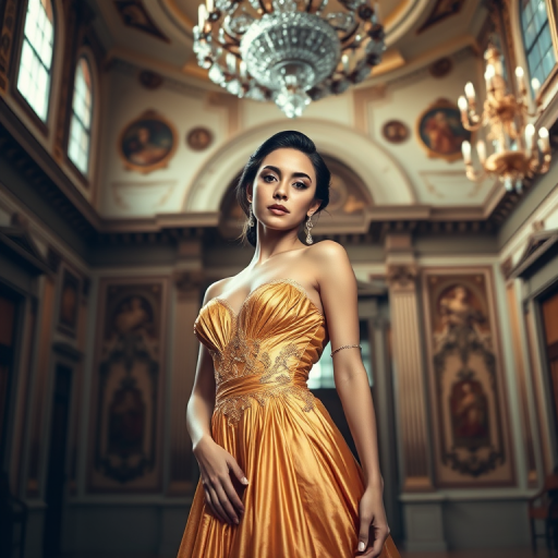 A glamorous young woman in an elegant gold gown posing in a grand, historic ballroom with intricate details, soft dramatic lighting, captured with a Canon EOS R5, 50mm lens, f/1.8 aperture, ISO 100, natural light, 1/125 sec exposure.