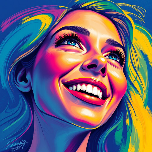 Generate a psychedelic portrait of a woman's happy face with brushstrokes of a woman smiling and looking up at the sky, emphasizing bright and bold colors. The dominant color should be deep blue, with swirling patterns of yellow, green, pink, purple and orange. open blue eyes with long eyelashes, apply an orange-yellow eyeshadow for a mesmerizing effect.