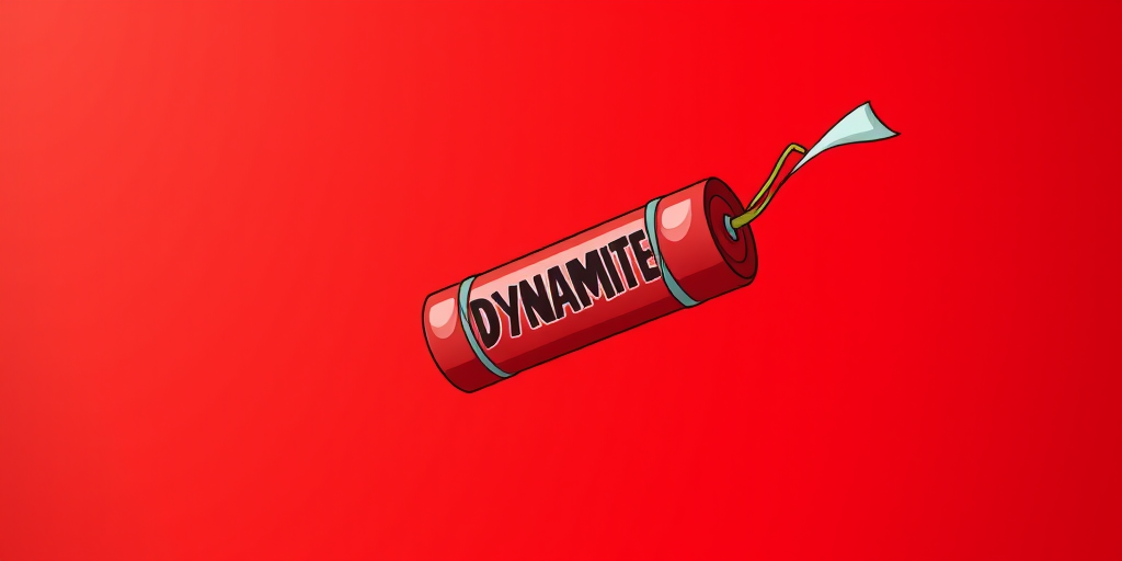 Create a vibrant illustration of a cartoon dynamite stick on a bright red background, using a Canon EOS R5 camera, 50mm lens, f/1.8 aperture, ISO 100, and a shallow depth of field for sharp focus and a blurred background.