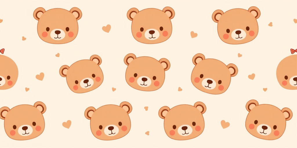Cute pattern featuring cartoon bear faces in soft brown tones with small bows scattered on a light beige background. The bears have simple facial features and a friendly expression, creating a whimsical and adorable design.