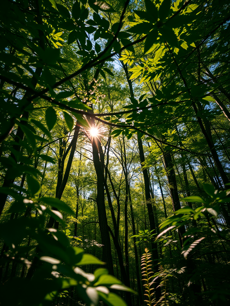 Create a high-resolution image of a lush forest with sunlight filtering through the leaves, use a Canon EOS R5 camera, 50mm f/1.8 lens, aperture set to f/2.8, ISO 100, and a shallow depth of field for a dreamy background blur, shot from eye level to capture the vibrant colors and intricate details.