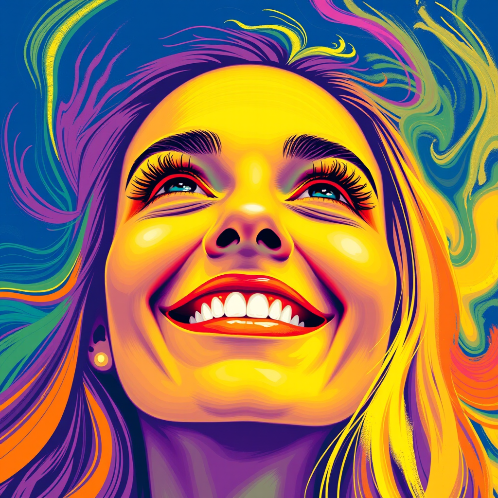 Generate a psychedelic portrait of a woman's happy face with brushstrokes of a woman smiling and looking up at the sky, emphasizing bright and bold colors. The dominant color should be deep blue, with swirling patterns of yellow, green, pink, purple and orange. open blue eyes with long eyelashes, apply an orange-yellow eyeshadow for a mesmerizing effect.