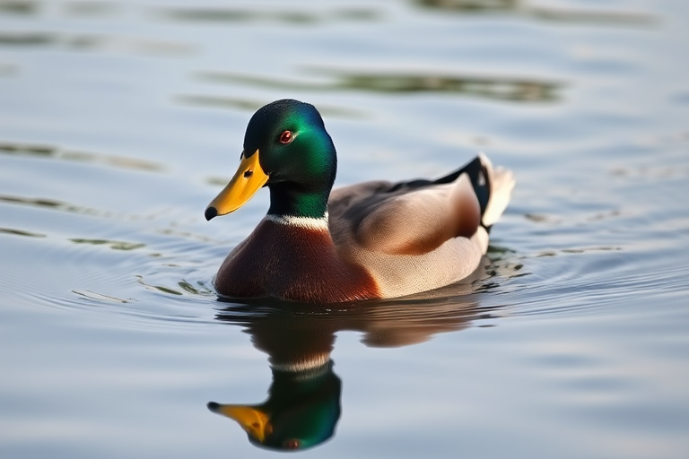 Capture a close-up of a male mallard duck swimming on a calm lake with reflections, using a DSLR camera with a 50mm lens, aperture set to f/4, shutter speed 1/200s, ISO 100, and a shallow depth of field to enhance details.