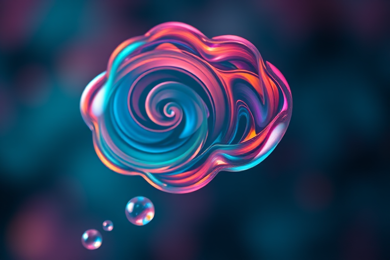 camera type: DSLR, camera lens: 50mm f/1.8, aperture: f/2.8, shutter speed: 1/125s, ISO: 100, view: close-up, style: high-contrast, focus on details, background blurred, vivid colors, soft lighting; create an abstract representation of a thought bubble with swirling patterns and vibrant colors, symbolizing creativity and imagination