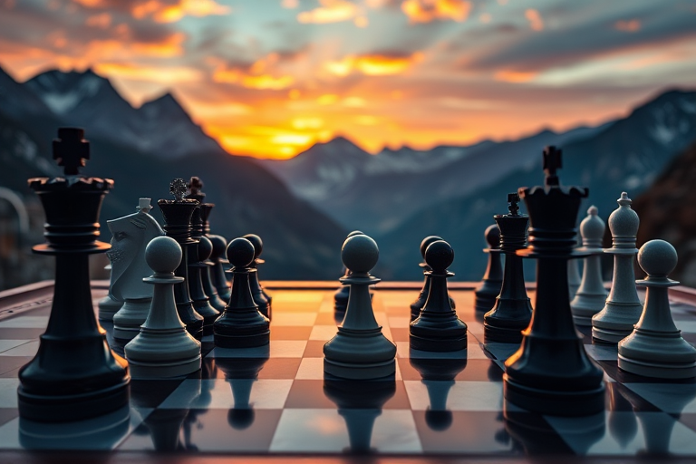 Create an ultra-detailed digital artwork of a chessboard set in a dramatic mountainous landscape at sunset, featuring glossy black and white chess pieces, with a shallow depth of field, using a DSLR camera with an aperture of f/1.8, ISO 100, shutter speed of 1/200s, and a wide-angle lens.
