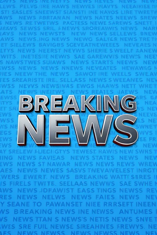 create a high-resolution digital image of the words "BREAKING NEWS" in bold metallic letters against a dynamic blue gradient background filled with smaller repeated news text, use a Canon EOS R5, aperture f/8, ISO 100, shutter speed 1/125s, wide-angle lens, ensuring vibrant colors and sharp details