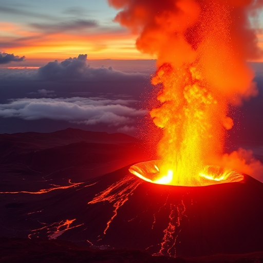 Capture a dramatic volcanic eruption at sunset, wide-angle view, f-stop 8, shutter speed 1/250s, ISO 100, shot with a DSLR camera to enhance image quality and detail.