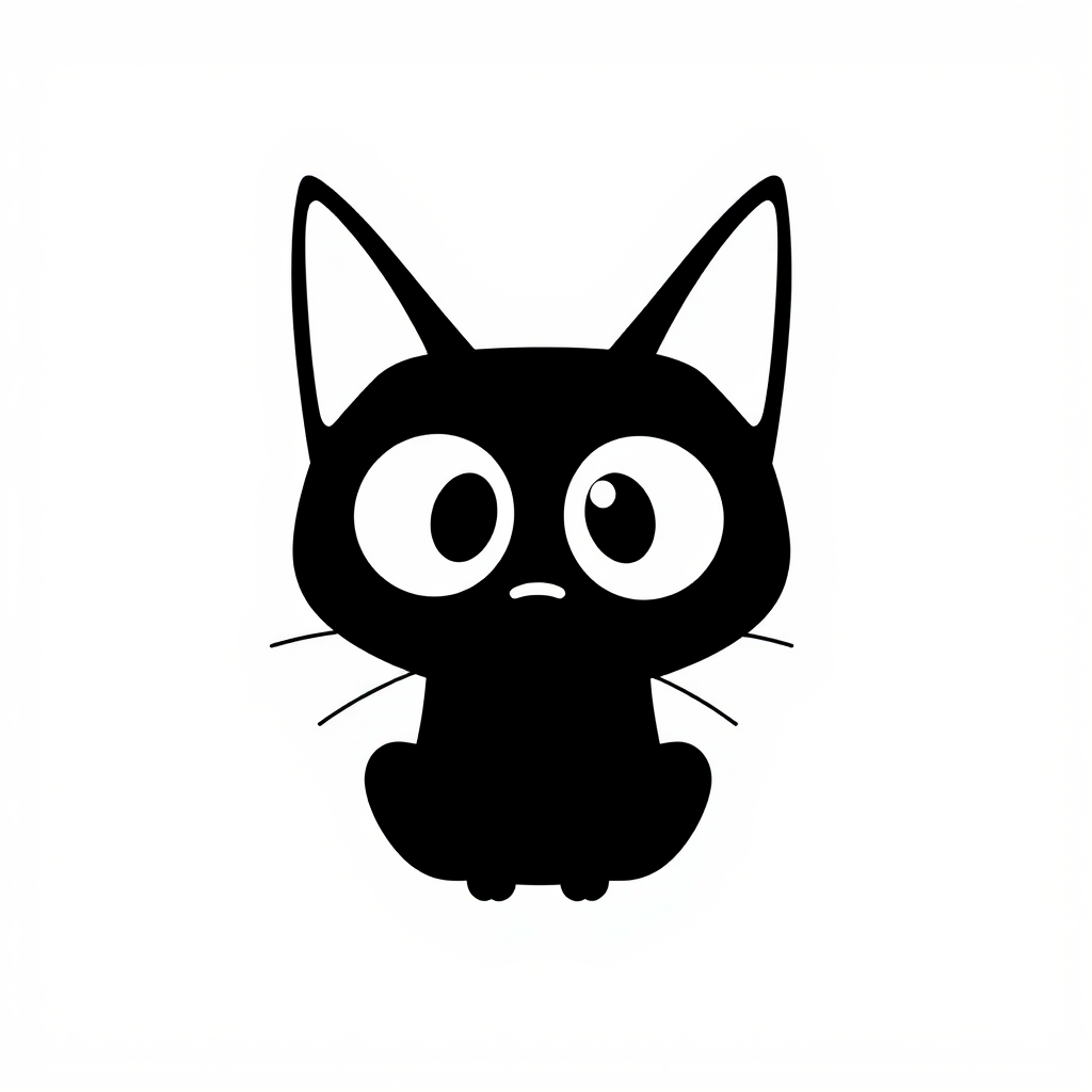 Create a black and white minimalist illustration of a cat. The cat should have large, round eyes and a simplistic, cartoonish style. Its ears should be tall and pointed, and its whiskers should be simple lines extending from its face. The background should be plain white to emphasize the cat's silhouette.
