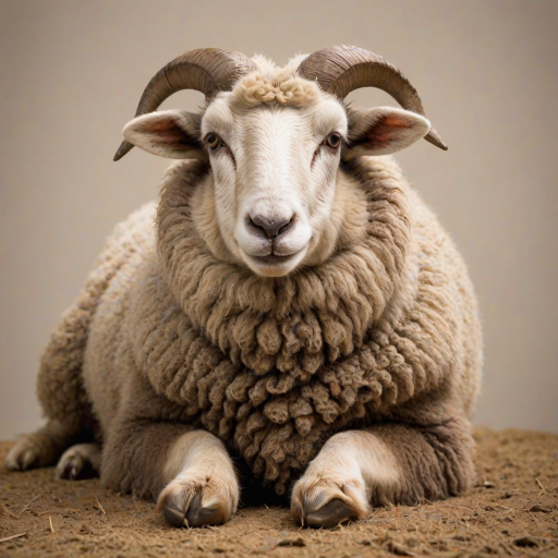 Generate an image of a relaxed sheep with a thick, fluffy brown coat, lying down against a neutral background. The sheep should have a calm expression, with its ears perked up slightly, capturing a peaceful and cozy atmosphere.