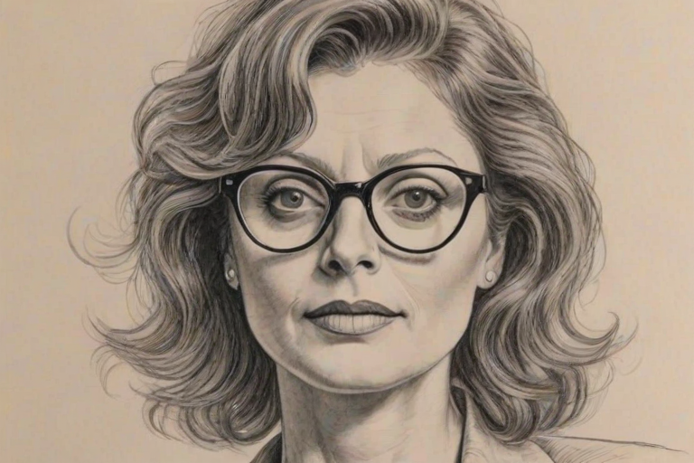 Appealing Susan Sarandon, pencil sketch, portrait of Stunning woman 1936s in glasses, hair style beatnik, outline, clear lines, fine lines, 8k