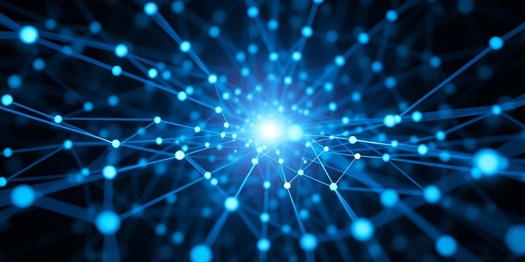 Create an intricate network of glowing blue lines and nodes converging towards a bright center, captured with a Canon EOS R5 camera, 24mm lens, f/2.8 aperture, ISO 100, in a macro view with a focus on the depth of the network and a slight bokeh effect to enhance the overall image quality.